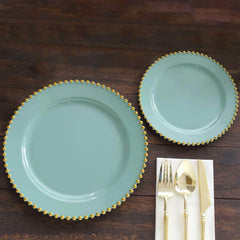 10-Pack Plastic 10" Round Dinner Plates in Dusty Sage Green with Gold Beaded Rim - Disposable Party Plates for Banquets & Festive Occasions