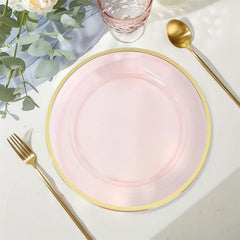 10-Pack Economy Plastic Round Charger Plates 12" in Transparent Blush with Wide Gold Rim, Decorative Dinner Party Serving Plates