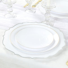 10-Pack Economy Plastic Round Charger Plates 13" in White with Silver Scalloped Rim, Decorative Dinner Party Serving Plates