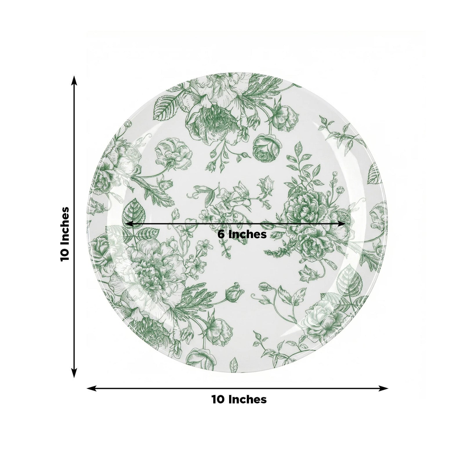 10-Pack French Toile Plastic Party Plates – Sage Green & White Floral, 10" Round Disposable Dinner Plates