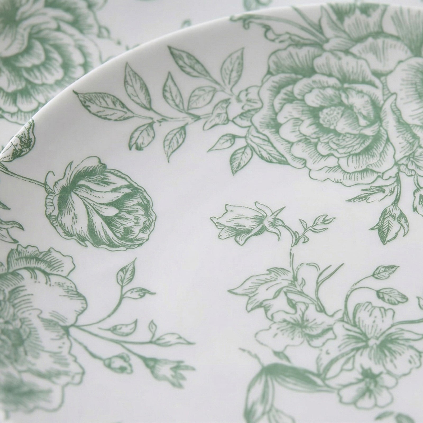 10-Pack French Toile Plastic Party Plates – Sage Green & White Floral, 10" Round Disposable Dinner Plates
