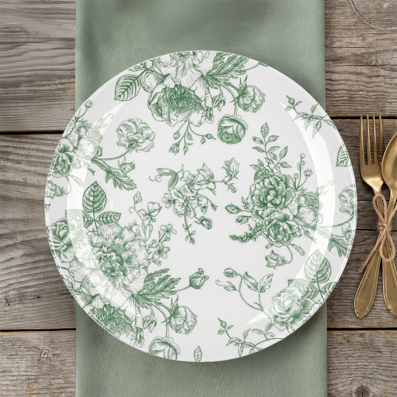 10-Pack French Toile Plastic Party Plates – Sage Green & White Floral, 10" Round Disposable Dinner Plates