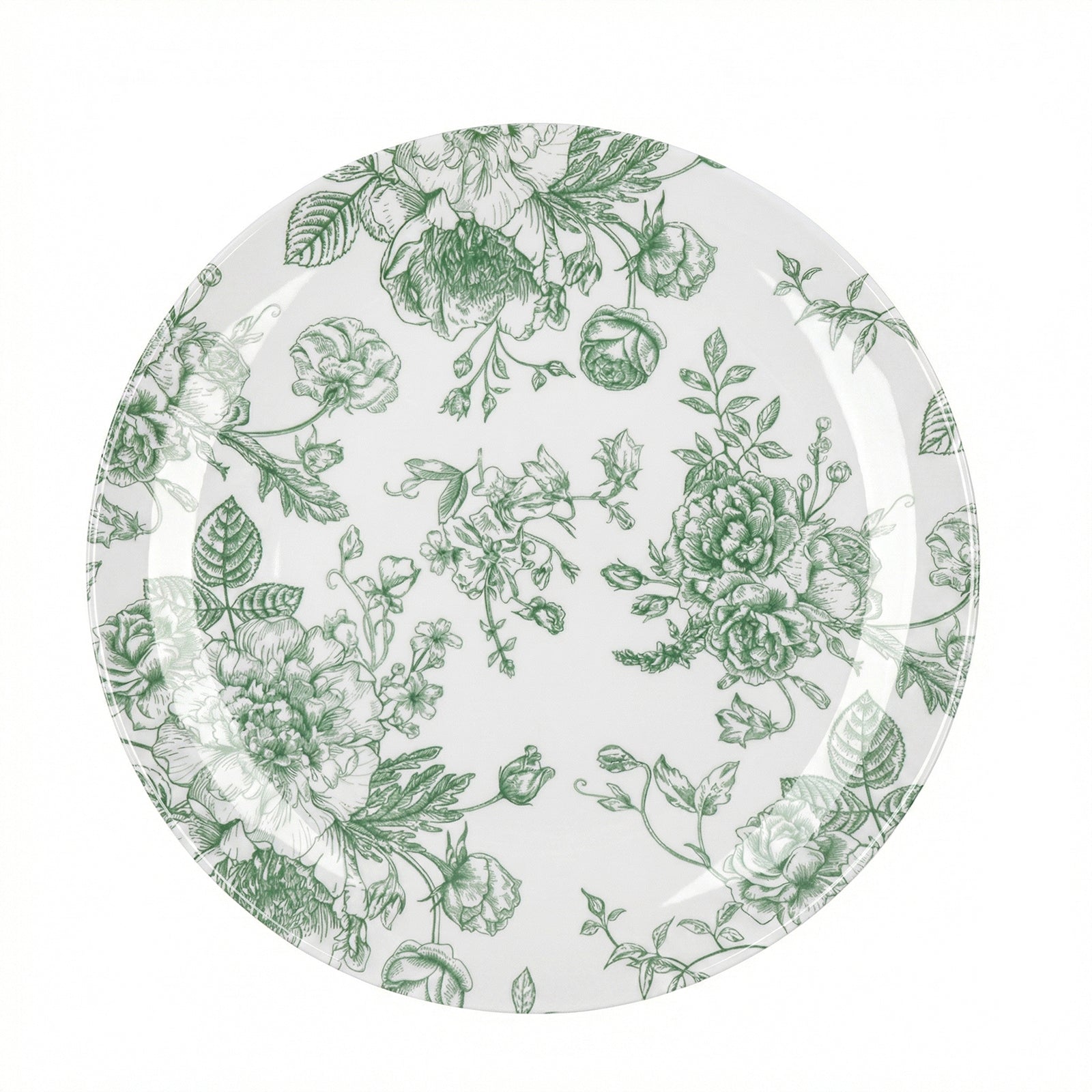 10-Pack French Toile Plastic Party Plates – Sage Green & White Floral, 10" Round Disposable Dinner Plates
