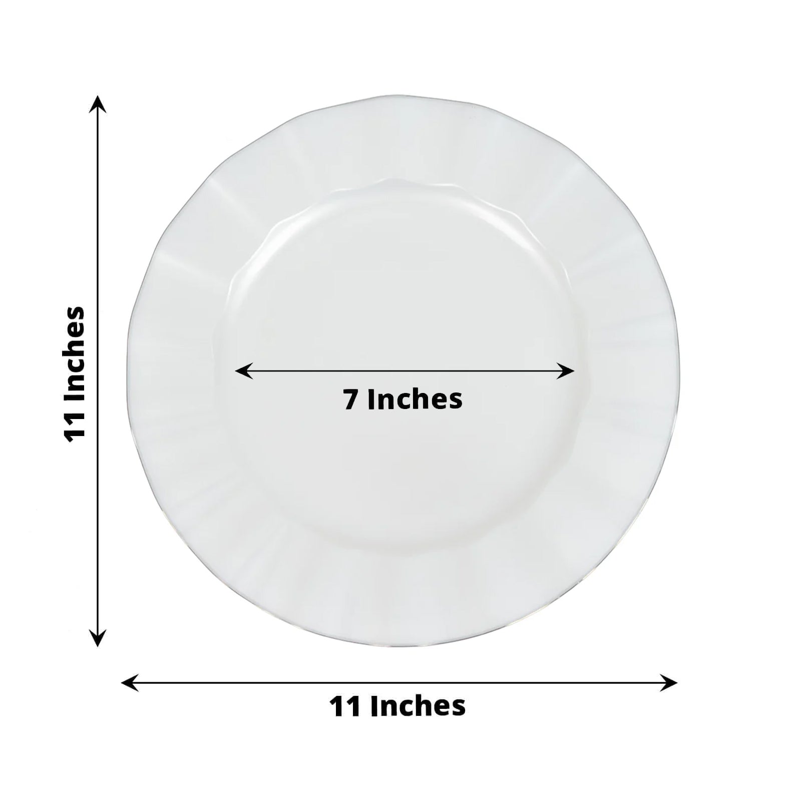 10-Pack Plastic 11" Round Dinner Plates in Pearl White Ruffled Rim with Gold Edging - Sturdy Disposable Dinnerware for Classy Events & Banquets