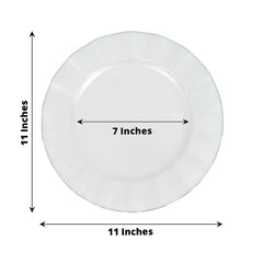 10-Pack Plastic 11" Round Dinner Plates in Pearl White Ruffled Rim with Gold Edging - Sturdy Disposable Dinnerware for Classy Events & Banquets