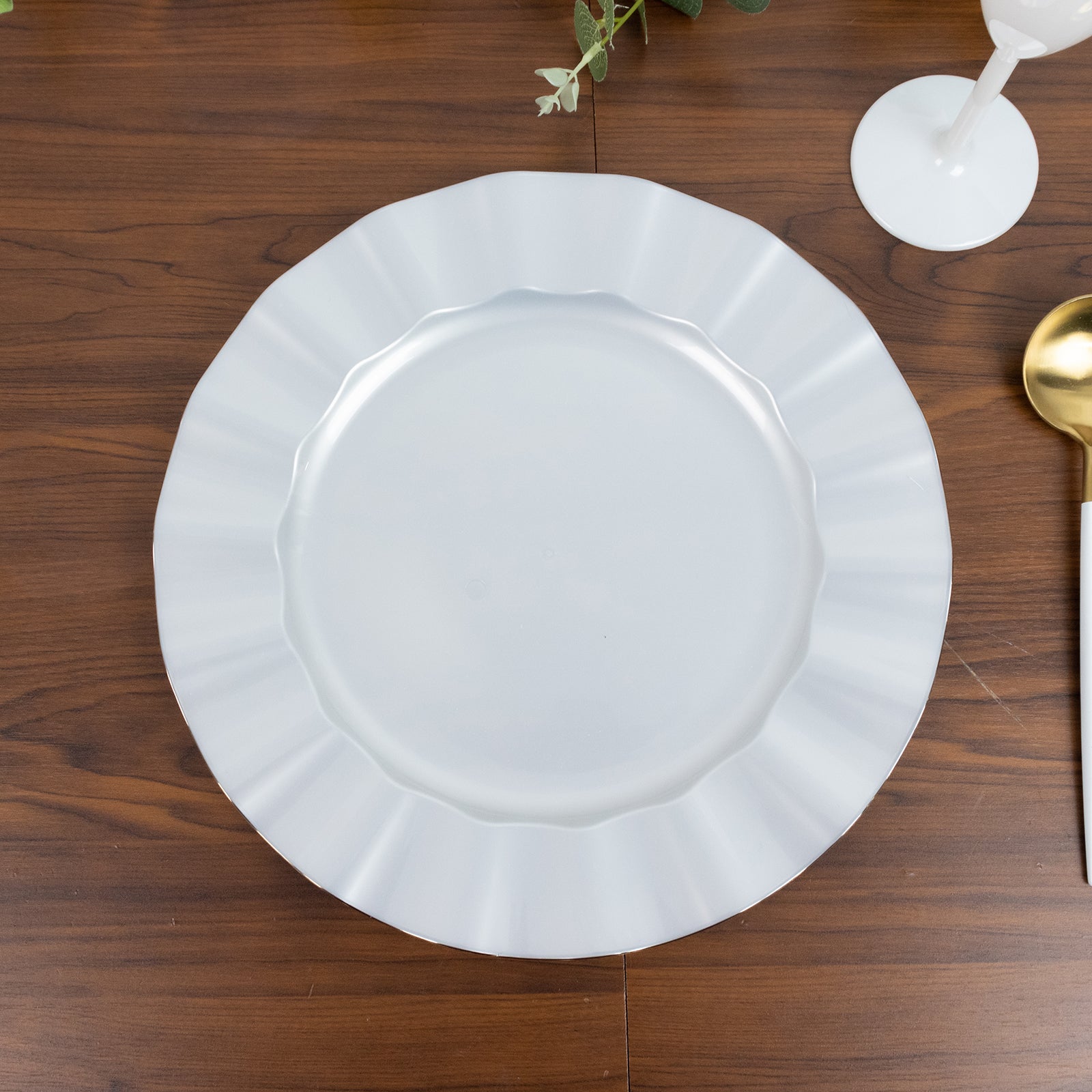 10-Pack Plastic 11" Round Dinner Plates in Pearl White Ruffled Rim with Gold Edging - Sturdy Disposable Dinnerware for Classy Events & Banquets