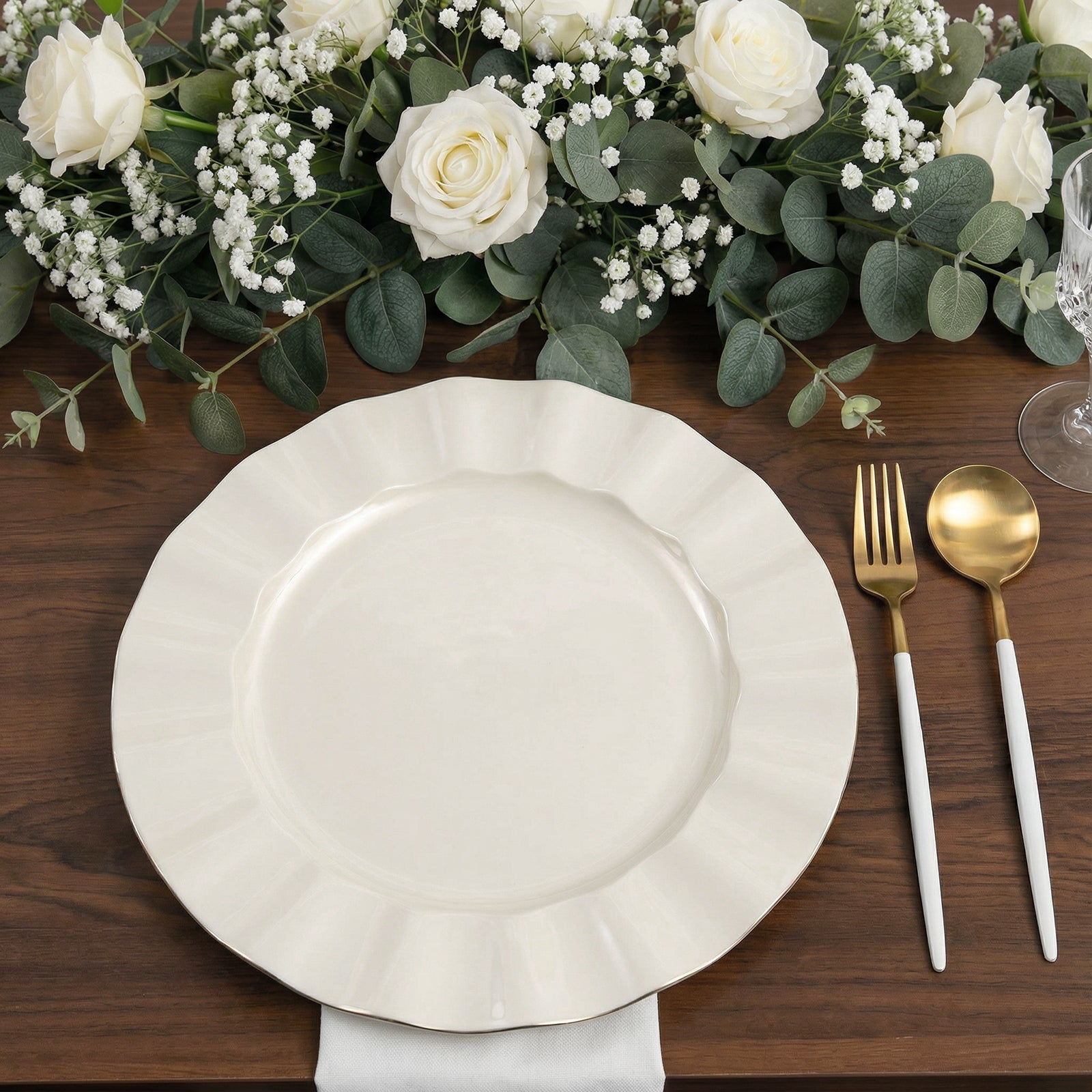 10-Pack Plastic 11" Round Dinner Plates in Pearl White Ruffled Rim with Gold Edging - Sturdy Disposable Dinnerware for Classy Events & Banquets