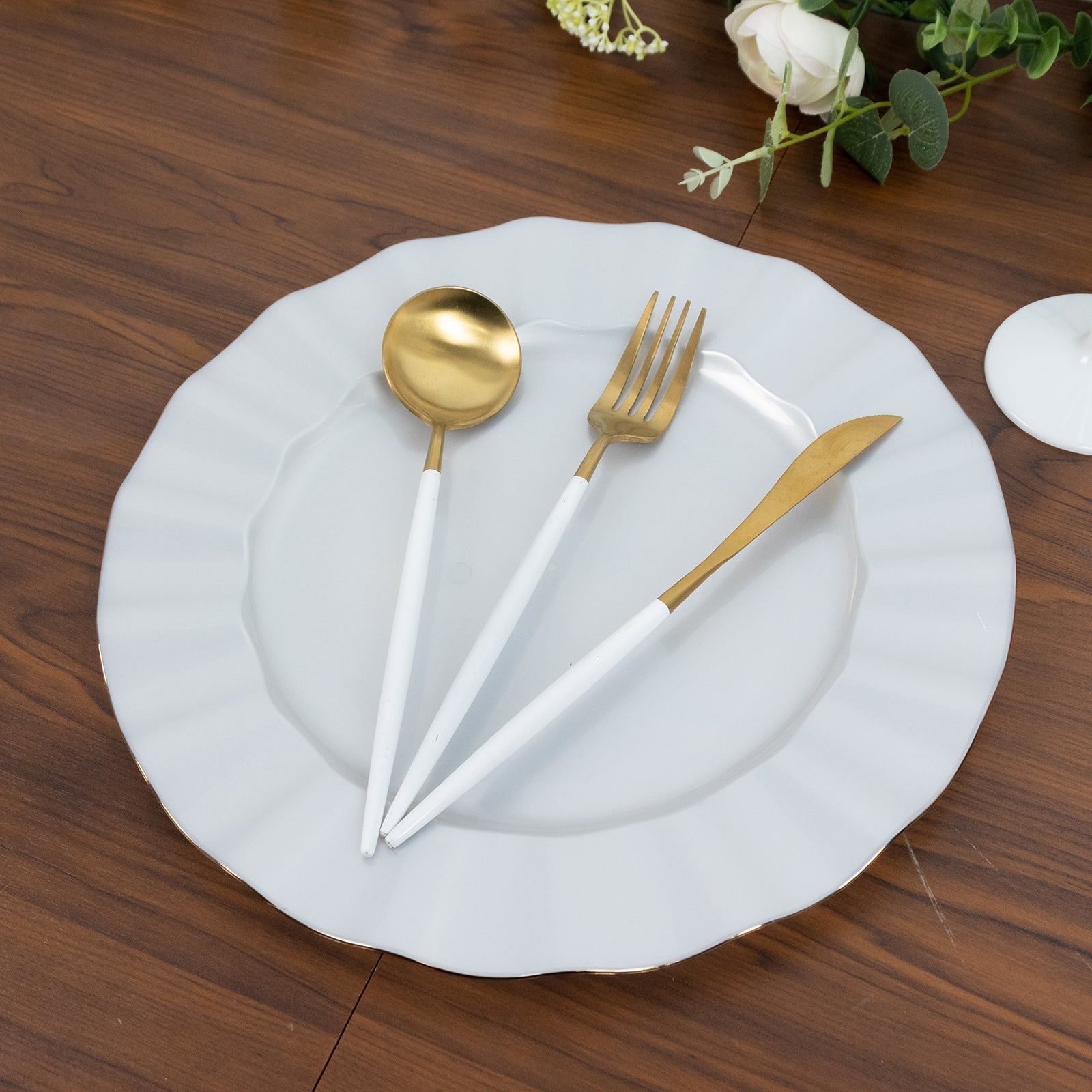 10-Pack Plastic 11" Round Dinner Plates in Pearl White Ruffled Rim with Gold Edging - Sturdy Disposable Dinnerware for Classy Events & Banquets