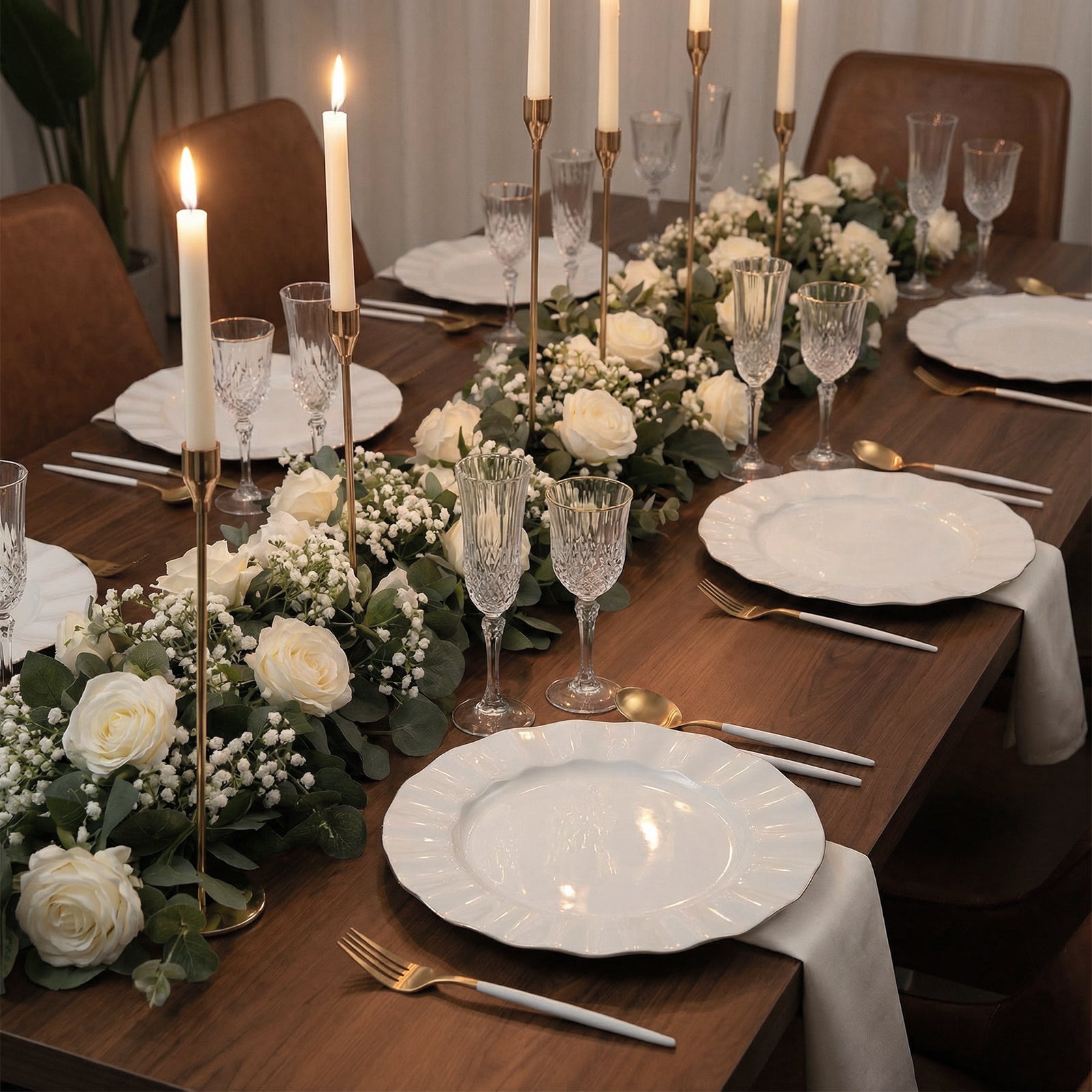 10-Pack Plastic 11" Round Dinner Plates in Pearl White Ruffled Rim with Gold Edging - Sturdy Disposable Dinnerware for Classy Events & Banquets