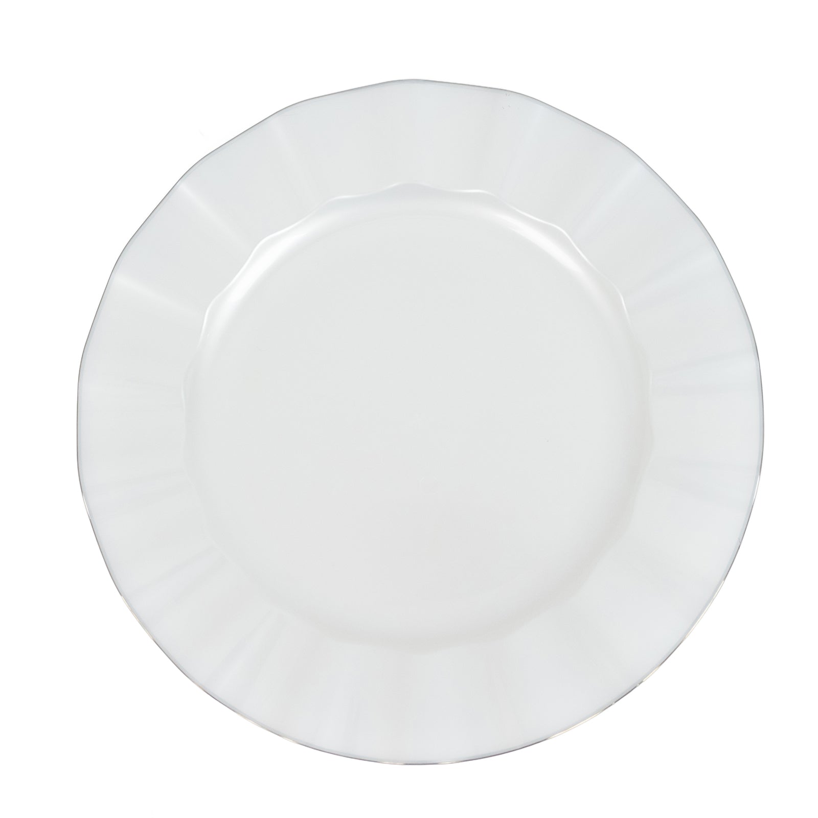 10-Pack Plastic 11" Round Dinner Plates in Pearl White Ruffled Rim with Gold Edging - Sturdy Disposable Dinnerware for Classy Events & Banquets