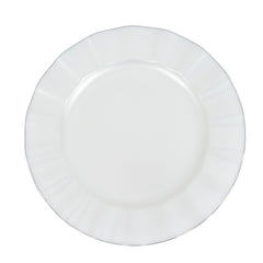 10-Pack Plastic 11" Round Dinner Plates in Pearl White Ruffled Rim with Gold Edging - Sturdy Disposable Dinnerware for Classy Events & Banquets