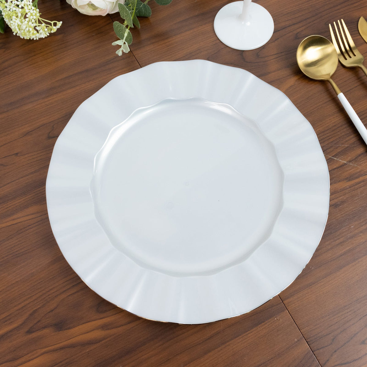 10-Pack Plastic 11" Round Dinner Plates in Pearl White Ruffled Rim with Gold Edging - Sturdy Disposable Dinnerware for Classy Events & Banquets