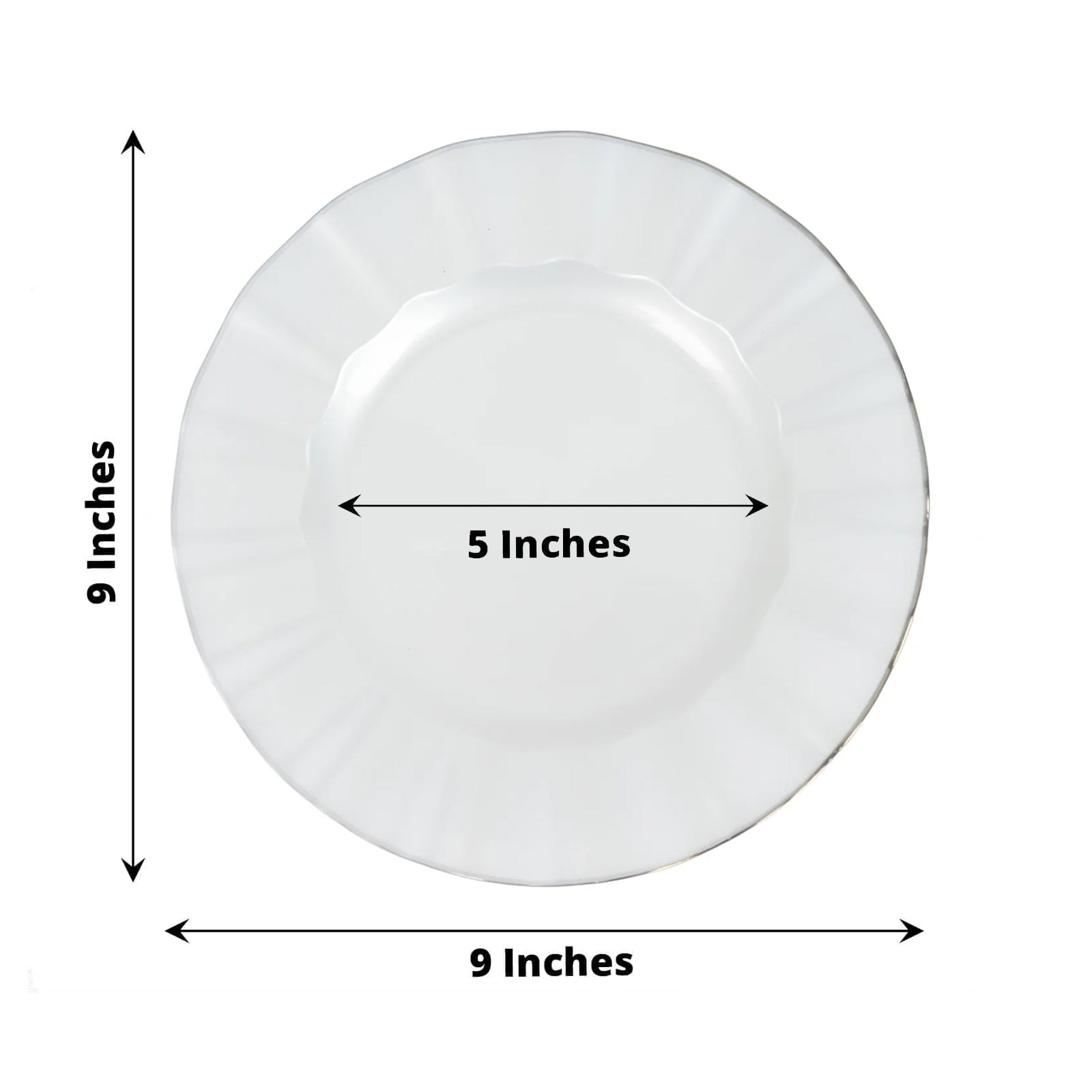 10-Pack Plastic 9" Round Dinner Plates in Pearl White Ruffled Rim with Gold Edging - Sturdy Disposable Dinnerware for Classy Events & Banquets