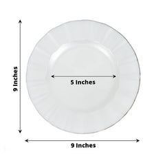 10-Pack Plastic 9" Round Dinner Plates in Pearl White Ruffled Rim with Gold Edging - Sturdy Disposable Dinnerware for Classy Events & Banquets