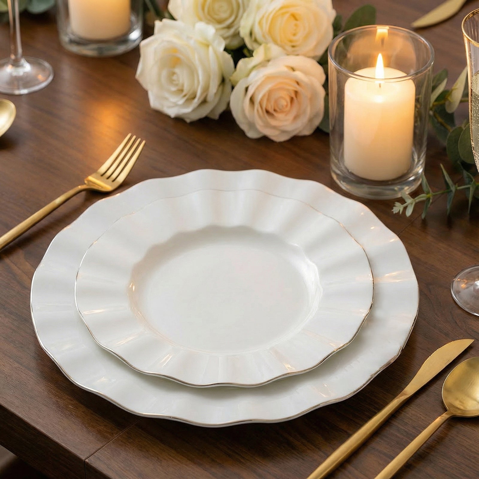 10-Pack Plastic 9" Round Dinner Plates in Pearl White Ruffled Rim with Gold Edging - Sturdy Disposable Dinnerware for Classy Events & Banquets