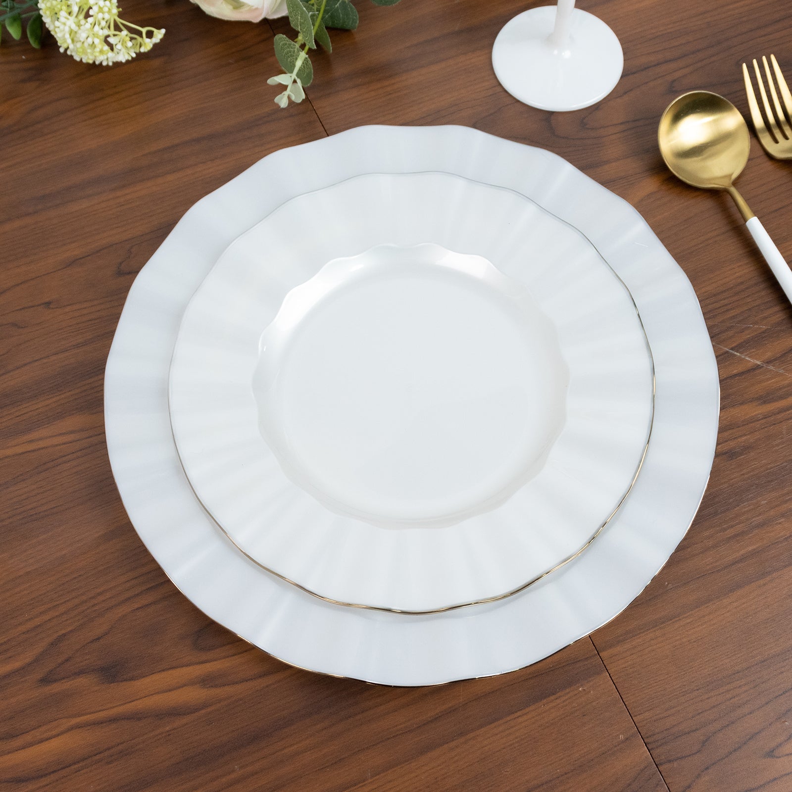 10-Pack Plastic 9" Round Dinner Plates in Pearl White Ruffled Rim with Gold Edging - Sturdy Disposable Dinnerware for Classy Events & Banquets