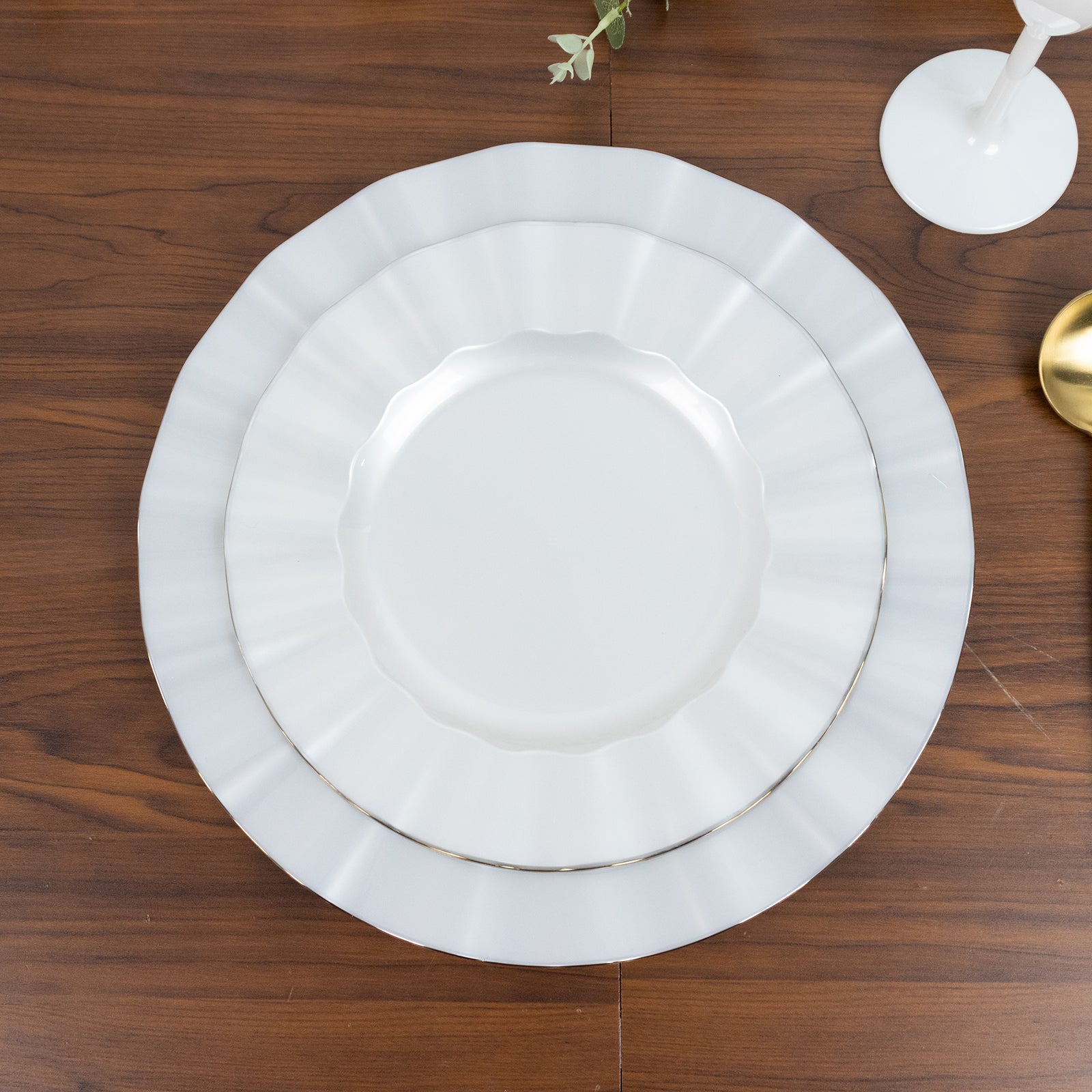 10-Pack Plastic 9" Round Dinner Plates in Pearl White Ruffled Rim with Gold Edging - Sturdy Disposable Dinnerware for Classy Events & Banquets