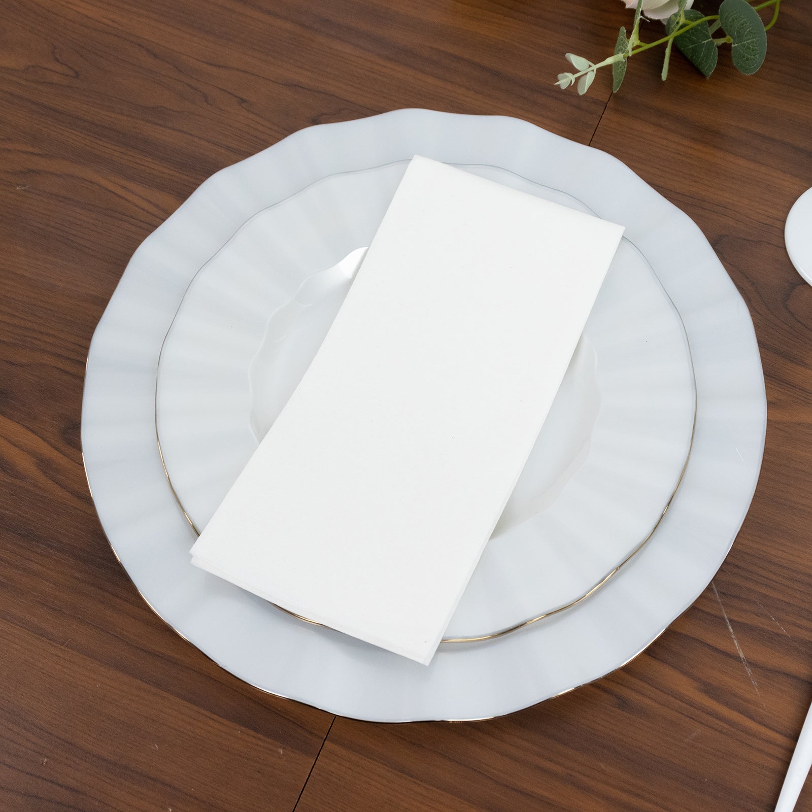 10-Pack Plastic 9" Round Dinner Plates in Pearl White Ruffled Rim with Gold Edging - Sturdy Disposable Dinnerware for Classy Events & Banquets