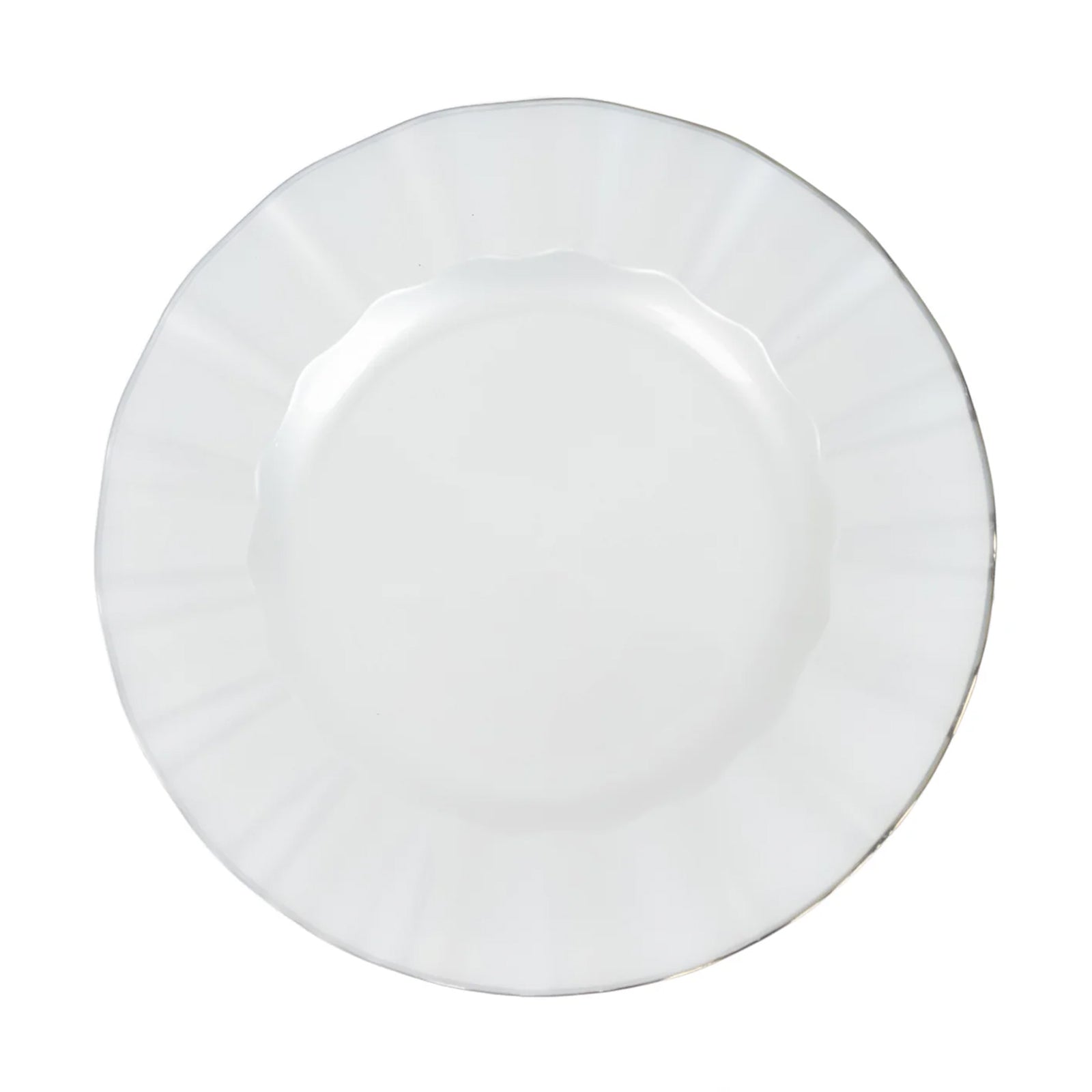 10-Pack Plastic 9" Round Dinner Plates in Pearl White Ruffled Rim with Gold Edging - Sturdy Disposable Dinnerware for Classy Events & Banquets