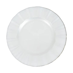 10-Pack Plastic 9" Round Dinner Plates in Pearl White Ruffled Rim with Gold Edging - Sturdy Disposable Dinnerware for Classy Events & Banquets