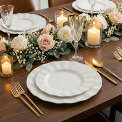10-Pack Plastic 9" Round Dinner Plates in Pearl White Ruffled Rim with Gold Edging - Sturdy Disposable Dinnerware for Classy Events & Banquets