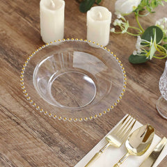 10-Pack Plastic Dessert Salad Bowls Clear Round Design with Gold Beaded Rim - Disposable Soup Bowls 12oz