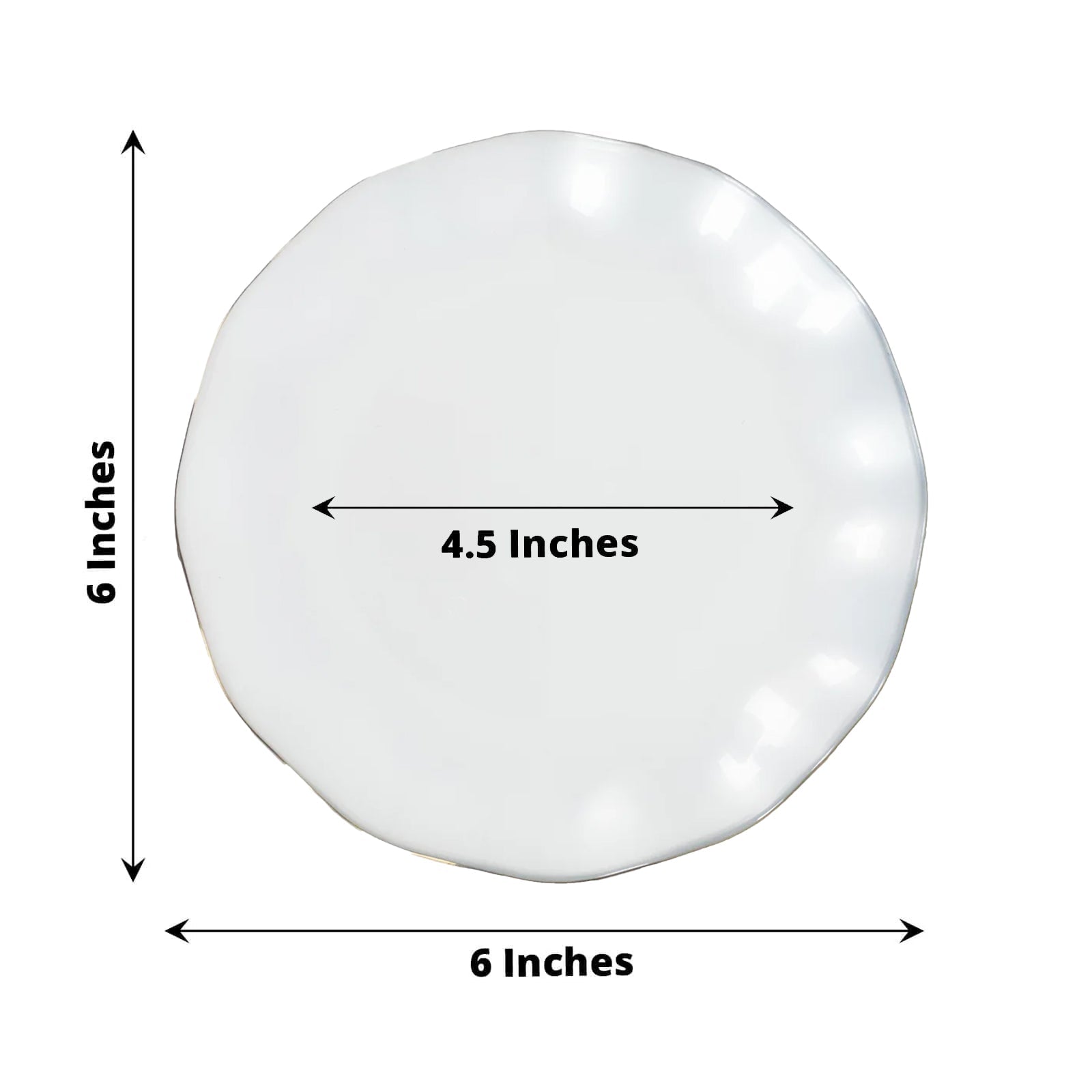 10-Pack Plastic Round 6" Dessert Plates in Pearl White Ruffled Rim with Gold Edging - Sturdy Disposable Salad Appetizer Dinnerware