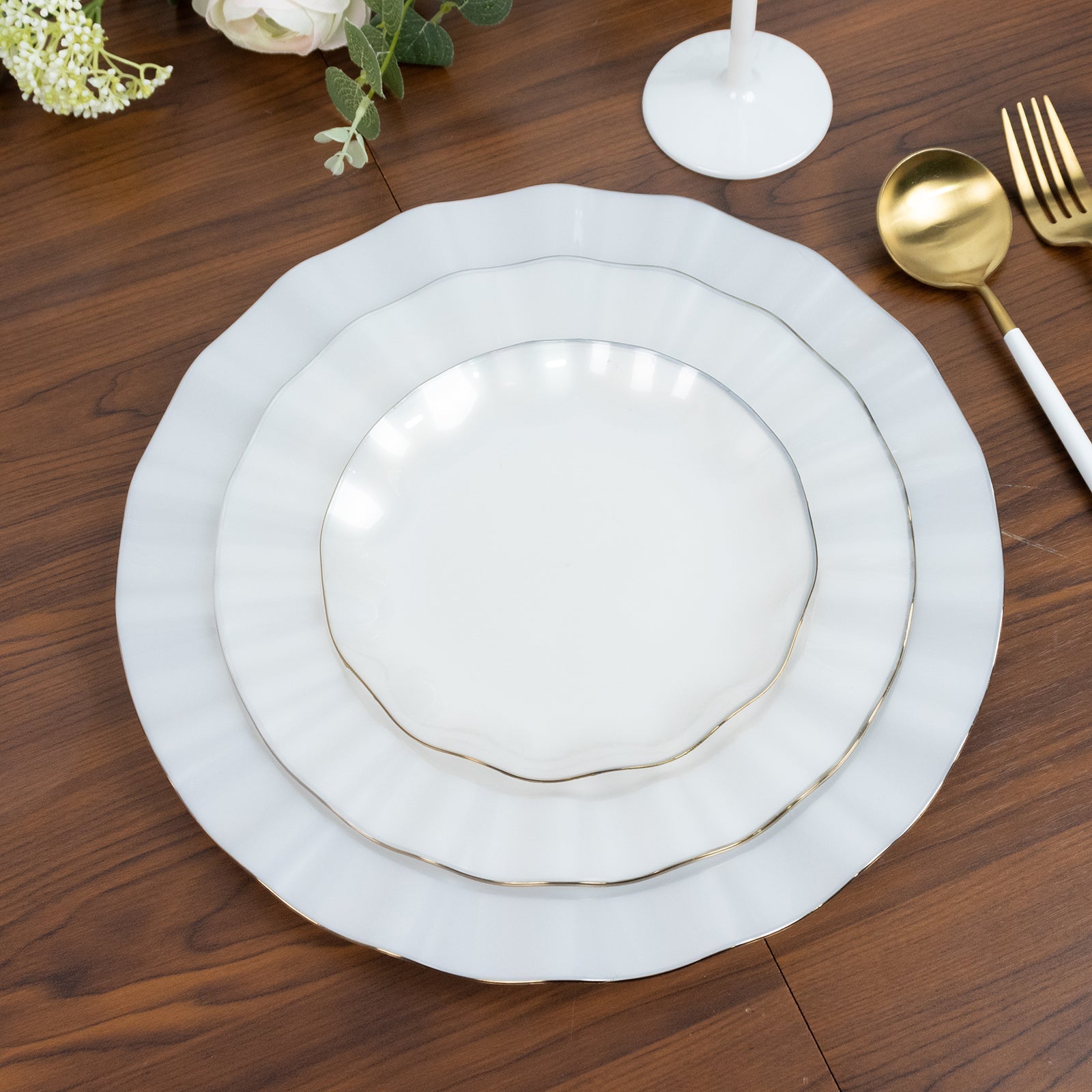 10-Pack Plastic Round 6" Dessert Plates in Pearl White Ruffled Rim with Gold Edging - Sturdy Disposable Salad Appetizer Dinnerware
