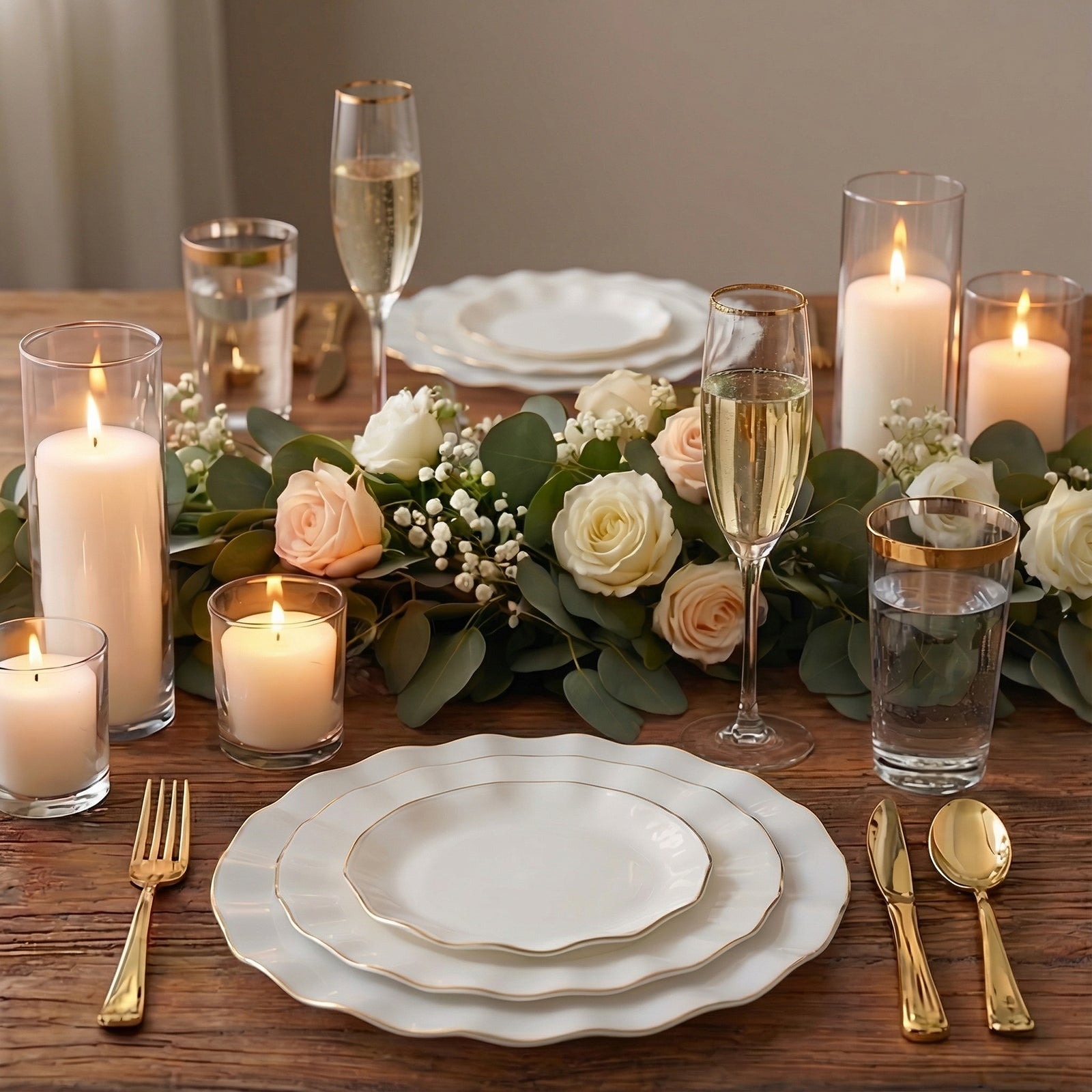 10-Pack Plastic Round 6" Dessert Plates in Pearl White Ruffled Rim with Gold Edging - Sturdy Disposable Salad Appetizer Dinnerware