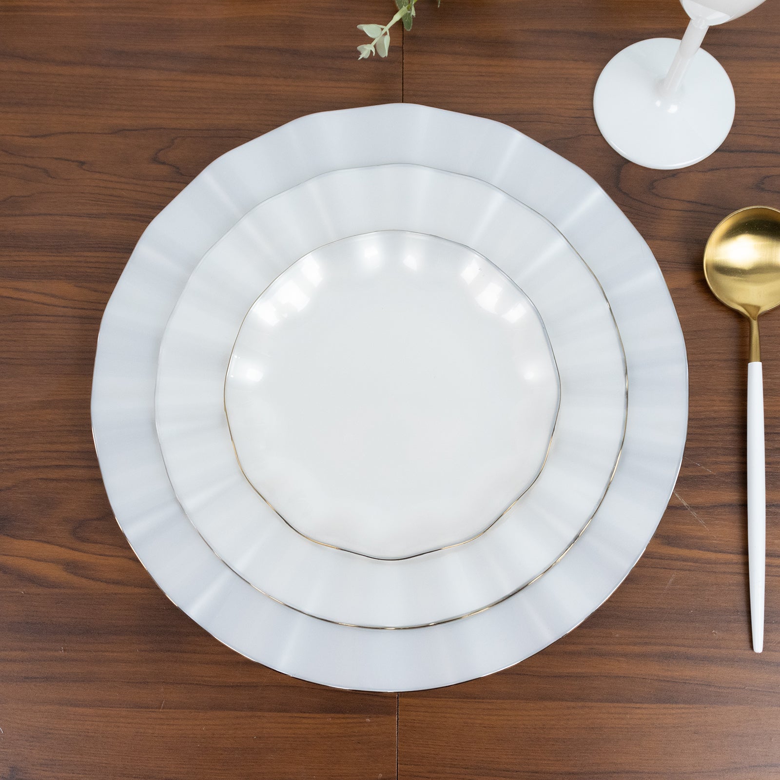 10-Pack Plastic Round 6" Dessert Plates in Pearl White Ruffled Rim with Gold Edging - Sturdy Disposable Salad Appetizer Dinnerware