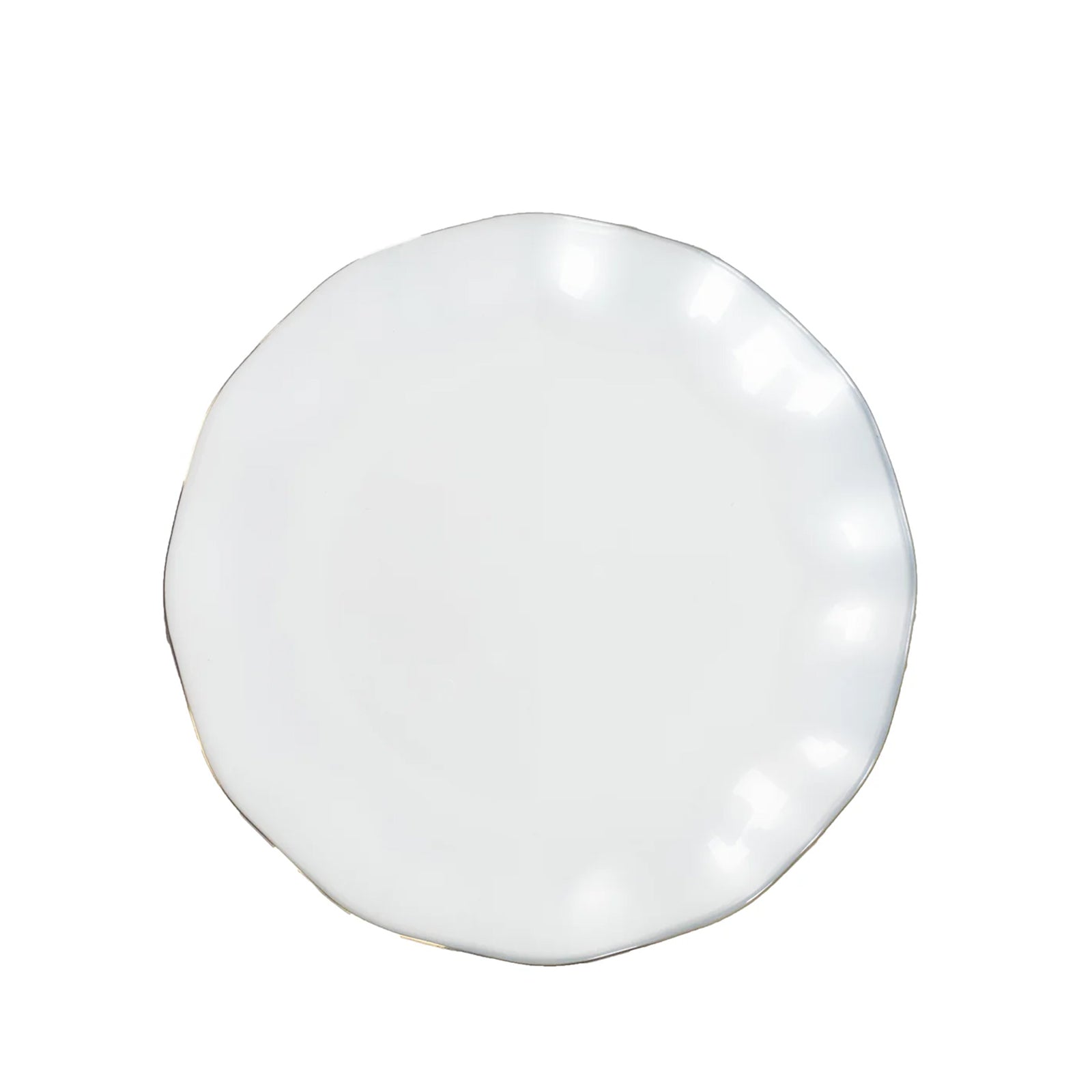 10-Pack Plastic Round 6" Dessert Plates in Pearl White Ruffled Rim with Gold Edging - Sturdy Disposable Salad Appetizer Dinnerware