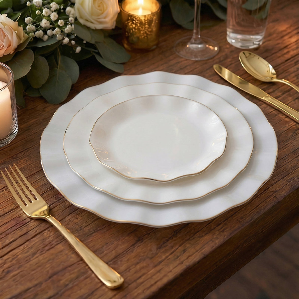 10-Pack Plastic Round 6" Dessert Plates in Pearl White Ruffled Rim with Gold Edging - Sturdy Disposable Salad Appetizer Dinnerware