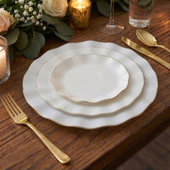 10-Pack Plastic Round 6" Dessert Plates in Pearl White Ruffled Rim with Gold Edging - Sturdy Disposable Salad Appetizer Dinnerware