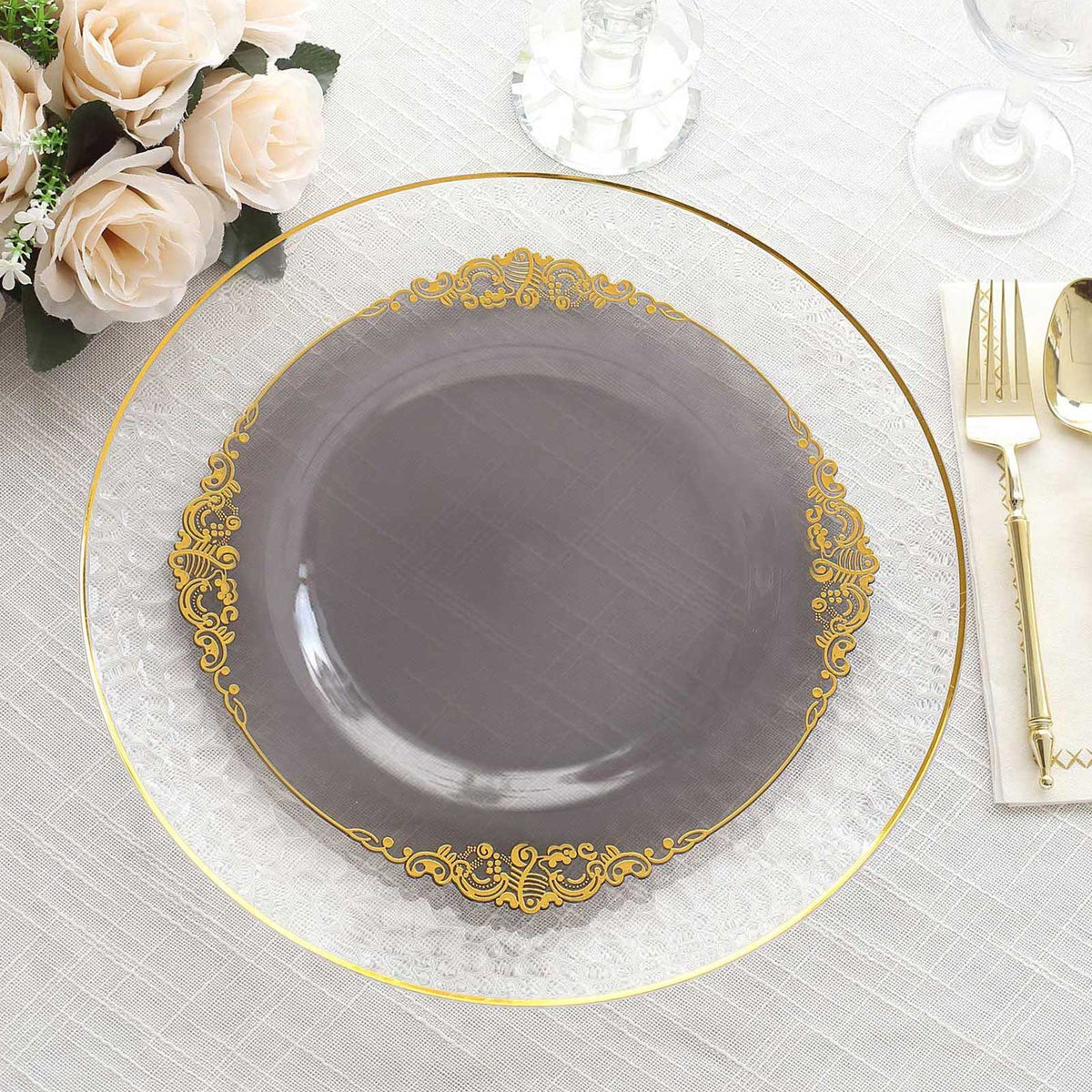 10-Pack Plastic 10" Round Dinner Plates in Transparent Black with Gold Leaf Embossed Rim - Disposable Vintage Baroque Style Plates