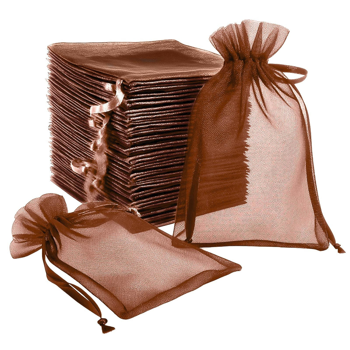 100 Pack Chocolate Organza Gift Bags with Drawstring, 6" x 9" – Wedding Party Favor Bags
