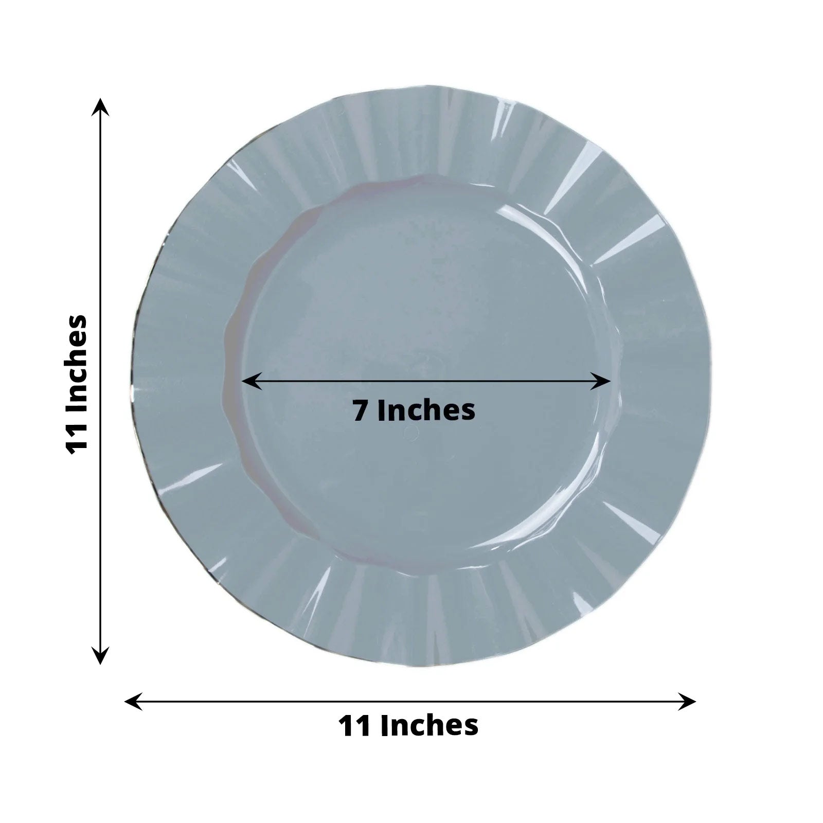 10-Pack Plastic 11" Round Dinner Plates in Dusty Blue Ruffled Rim with Gold Edging - Sturdy Disposable Dinnerware