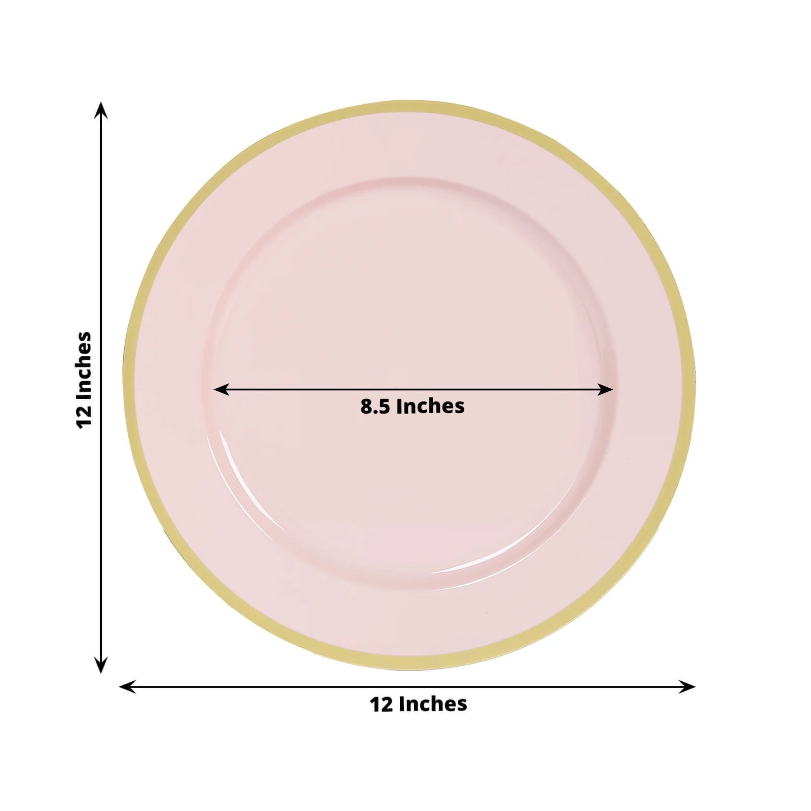 10-Pack Economy Plastic Round Charger Plates 12" in Blush with Wide Gold Rim, Decorative Dinner Party Serving Plates