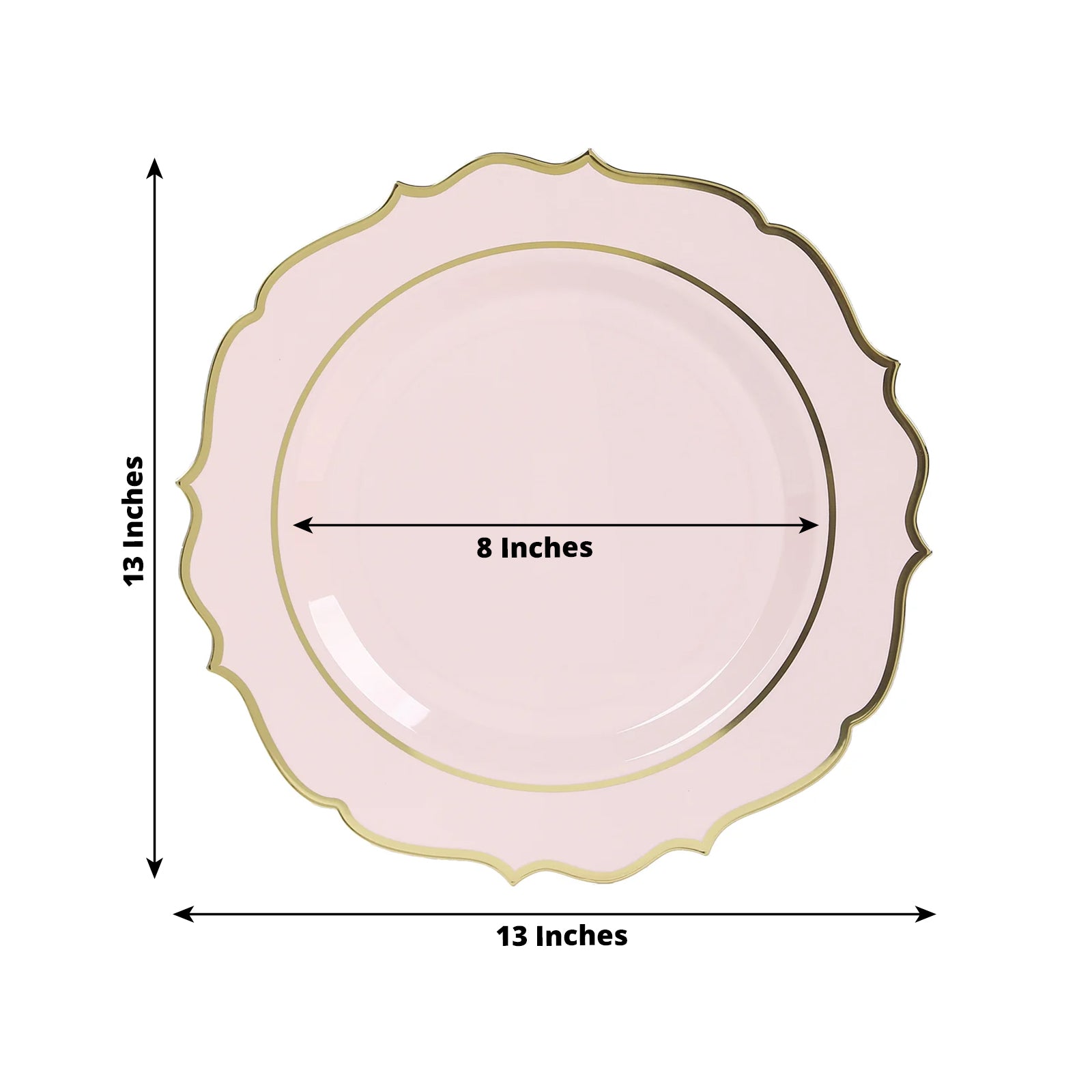 10-Pack Economy Plastic Round Charger Plates 13" in Blush with Gold Scalloped Rim, Decorative Dinner Party Serving Plates