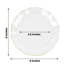 10-Pack Plastic Round 6" Dessert Plates in Clear Ruffled Rim with Gold Edging - Sturdy Disposable Salad Appetizer Dinnerware