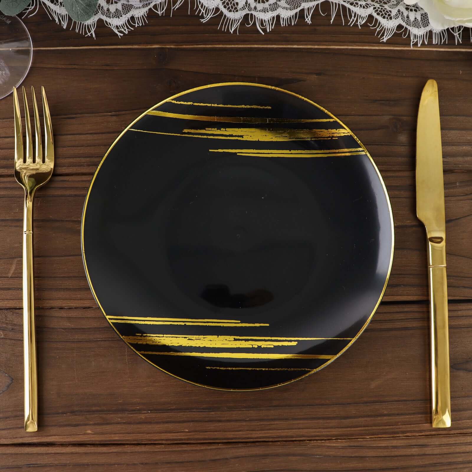 10-Pack Plastic 7" Round Dessert Plates in Black with Gold Brush Stroked Print - Disposable Appetizer Salad Plates for Modern Themed Events & Banquets