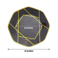10-Pack Plastic 8" Octagon Dessert Plates in Black - Modern Disposable Salad/Appetizer Plates with Gold Geometric Design for Special Occasions & Celebrations