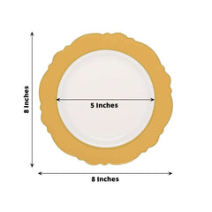 10-Pack Plastic 8" Round Dessert Plates in White with Gold Blossom Design & Gold Edging - Disposable Salad Appetizer Plates for Modern & Classy Table Decor