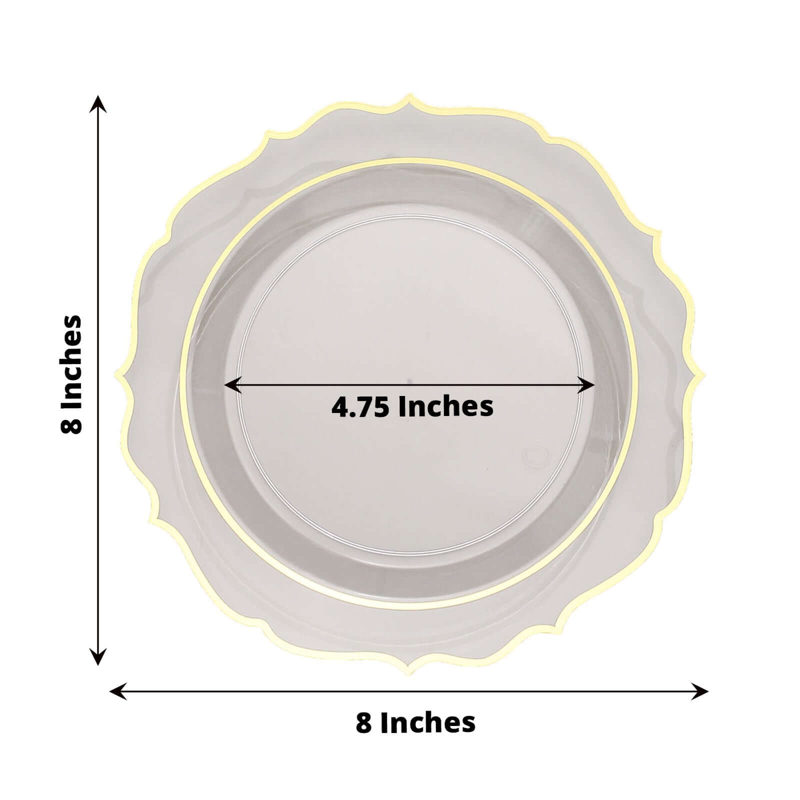 10-Pack Plastic 8" Round Dessert Plates in Clear with Gold Scalloped Rim - Disposable Appetizer/Salad Plates