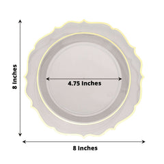 10-Pack Plastic 8" Round Dessert Plates in Clear with Gold Scalloped Rim - Disposable Appetizer/Salad Plates