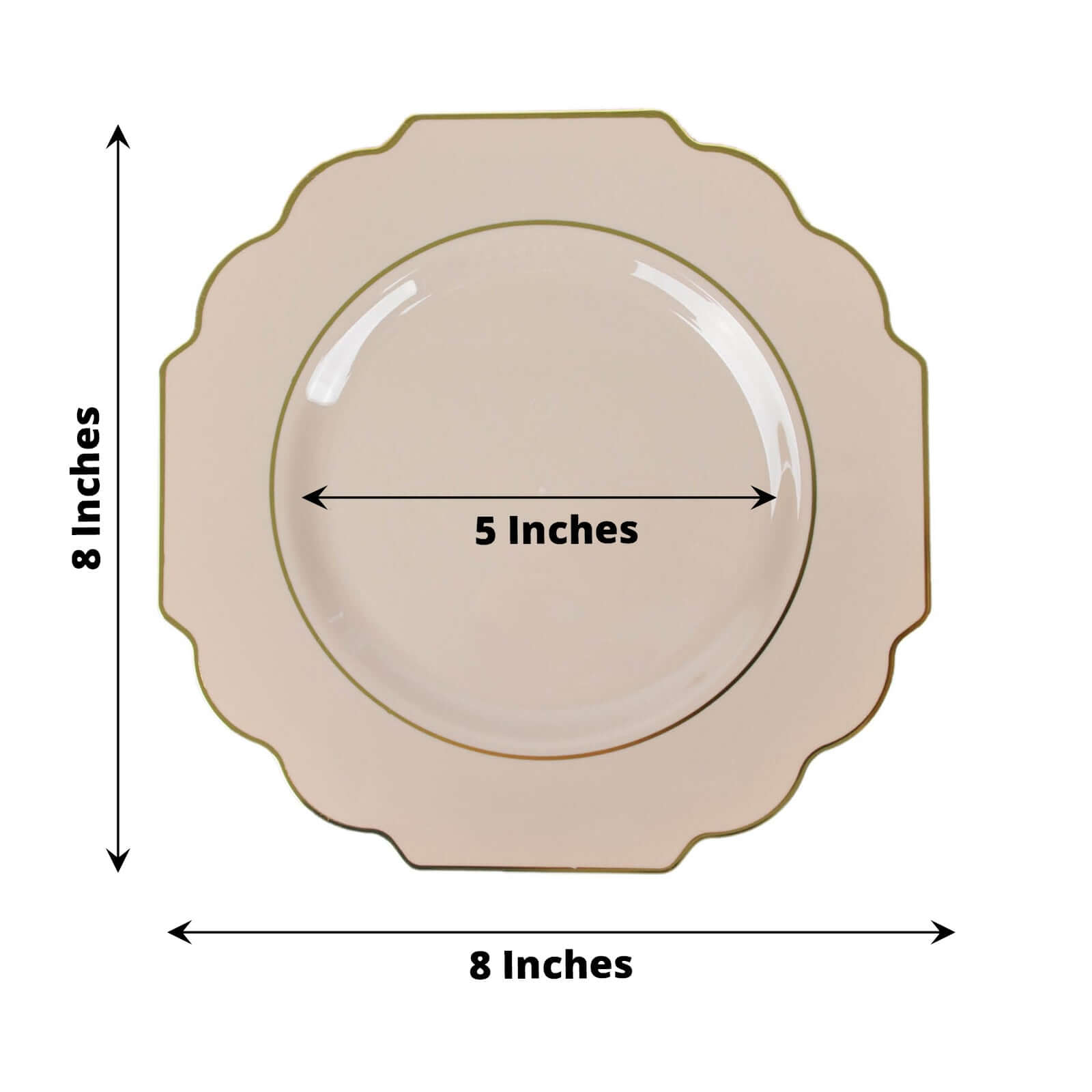 10-Pack Plastic Dessert Appetizer Plates in Taupe Baroque Design with Scalloped Gold Rim - Heavy Duty Disposable Salad Plates 8"