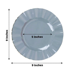 10-Pack Plastic 9" Round Dinner Plates in Dusty Blue Ruffled Rim with Gold Edging - Sturdy Disposable Dinnerware