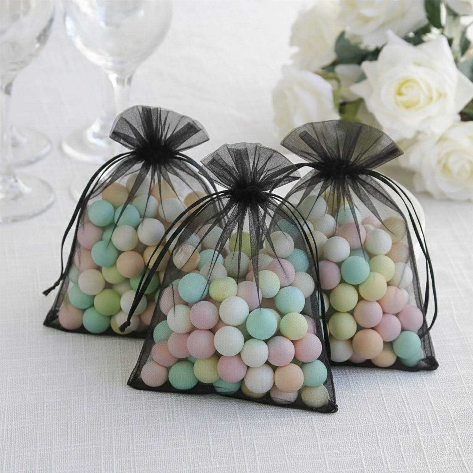 100 Pack Black Organza Gift Bags with Drawstring, 5" x 7" – Wedding Party Favor Bags