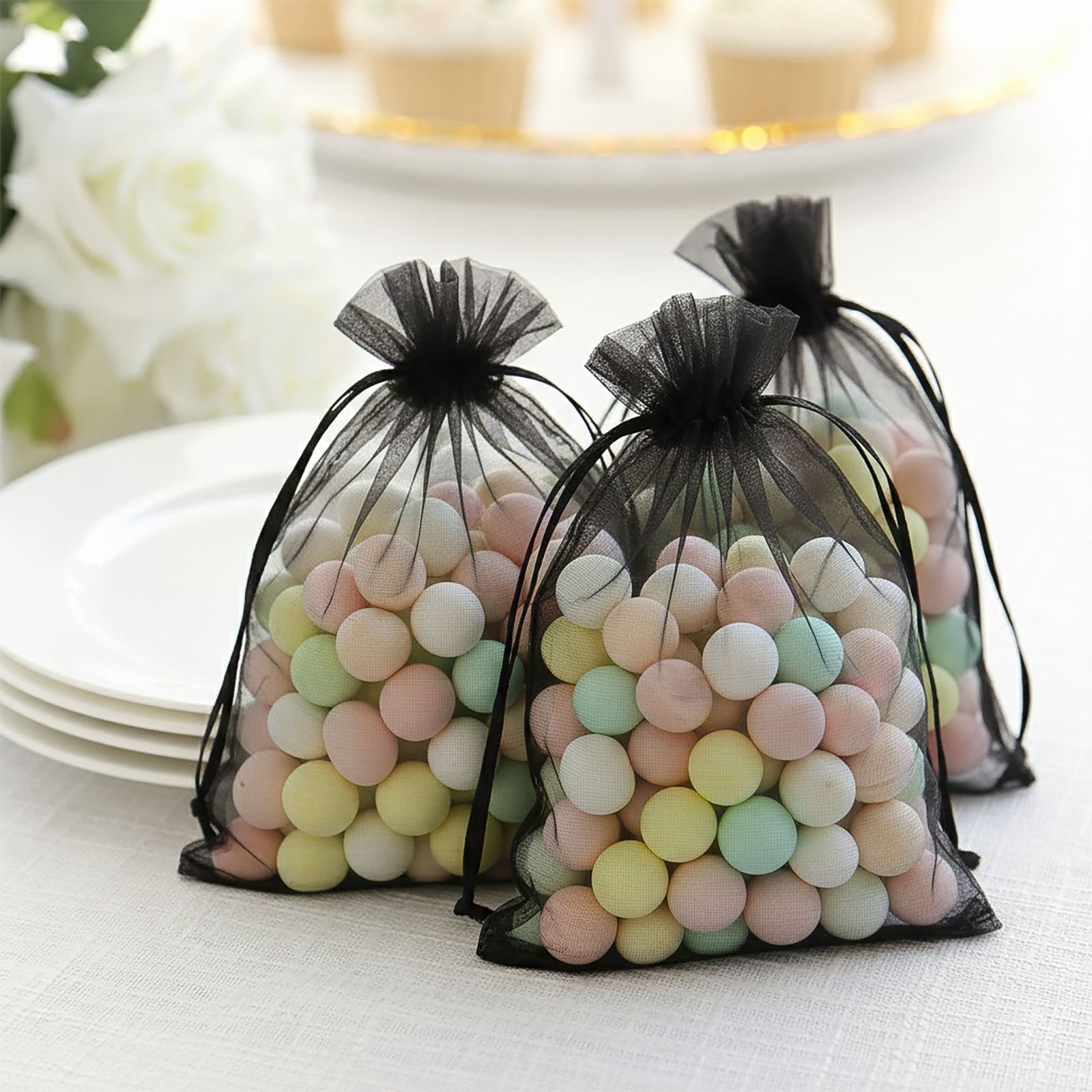 100 Pack Black Organza Gift Bags with Drawstring, 5" x 7" – Wedding Party Favor Bags