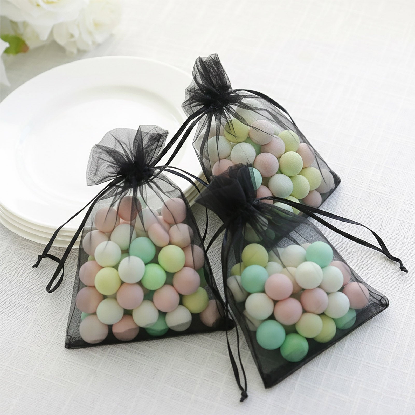 100 Pack Black Organza Gift Bags with Drawstring, 5" x 7" – Wedding Party Favor Bags