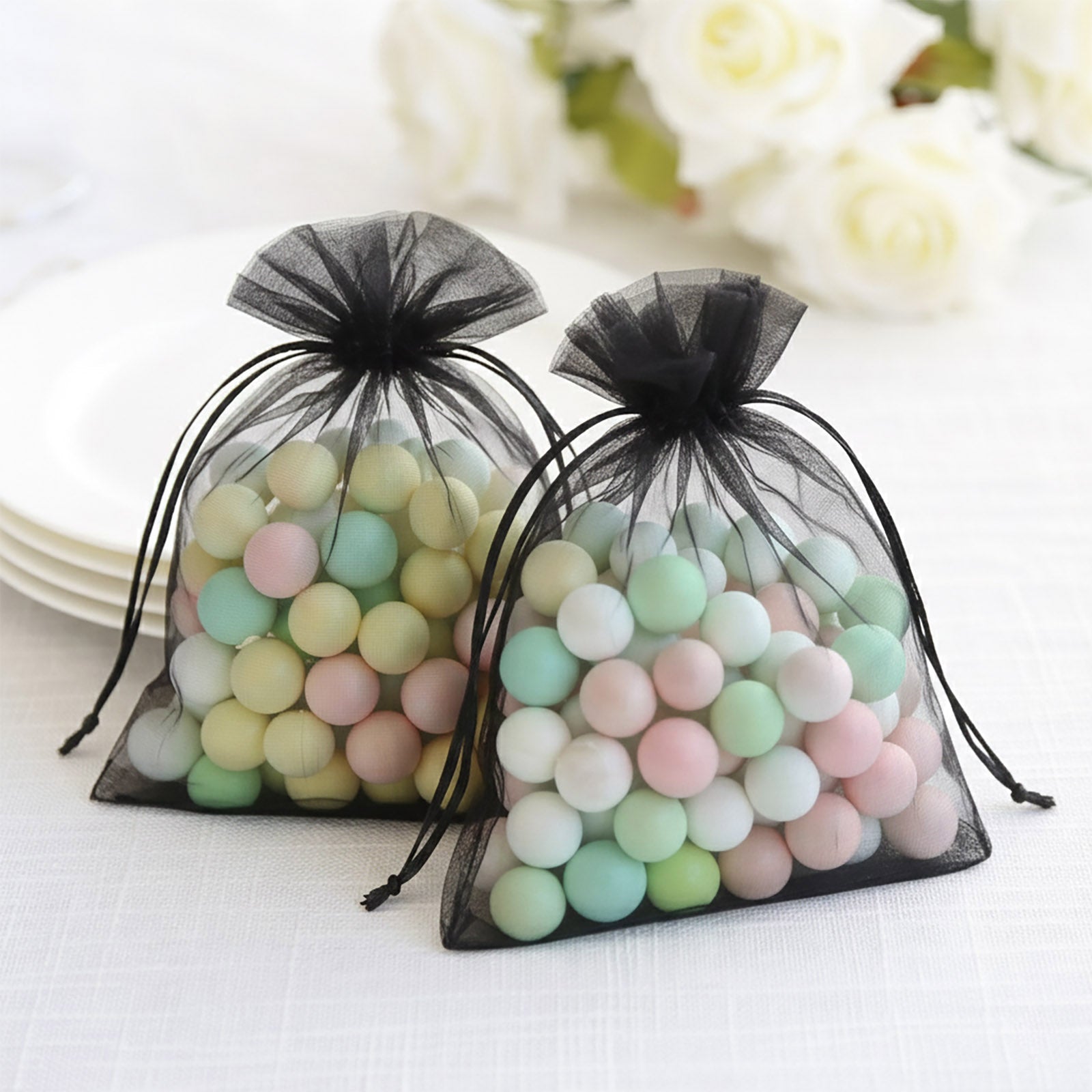 100 Pack Black Organza Gift Bags with Drawstring, 5" x 7" – Wedding Party Favor Bags